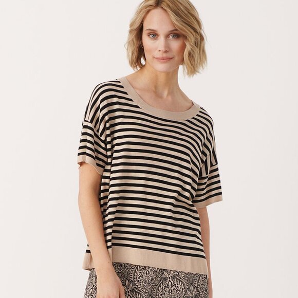 Part Two Tops - Part Two OttellaPW PU Tan Black Stripe Short Sleeve Knitwear Women's Size Med